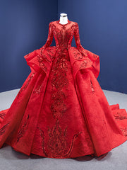 Red Tulle Lace Sequins Appliques Long Sleeve Prom Dress