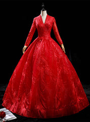 Red Tulle Long Sleeve V-neck Backless Quinceanera Dress