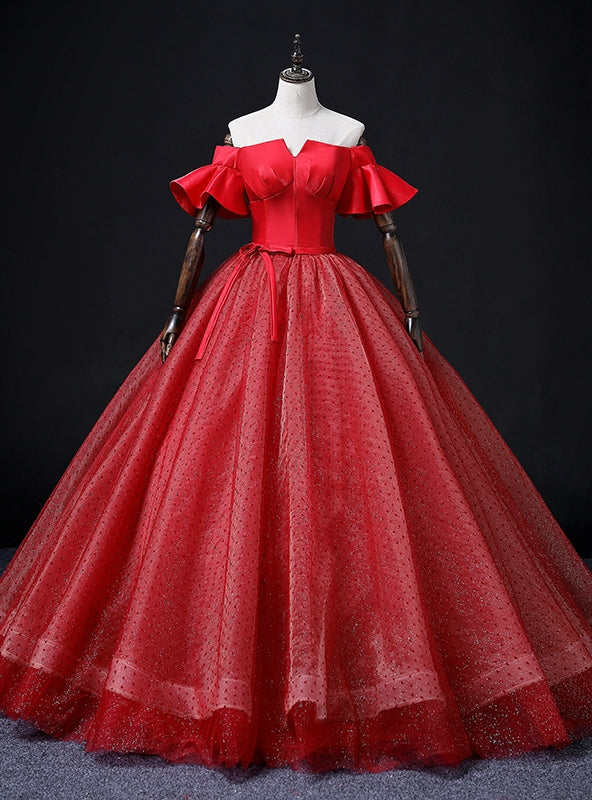 Red Tulle Satin Off the Shoulder Quinceanera Dress