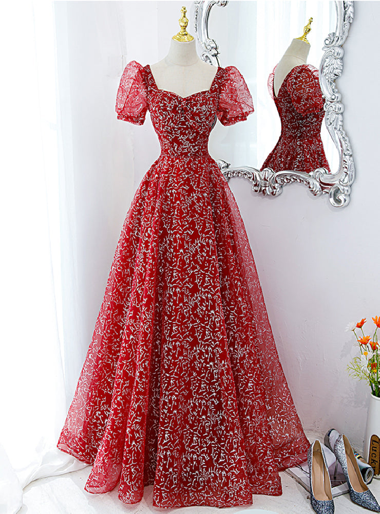 Red Tulle Sequins Square Puff Sleeve Prom Dress