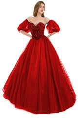 Red Tulle Sequins Sweetheart Prom Dresses Spaghetti Straps Evening Quinceanera Dresses