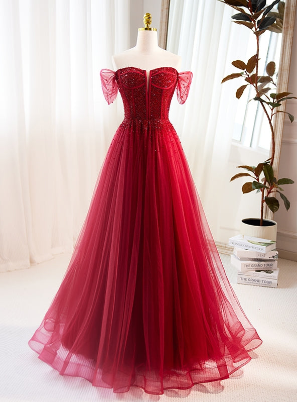 Red Tulle Strapless Beading Prom Dress