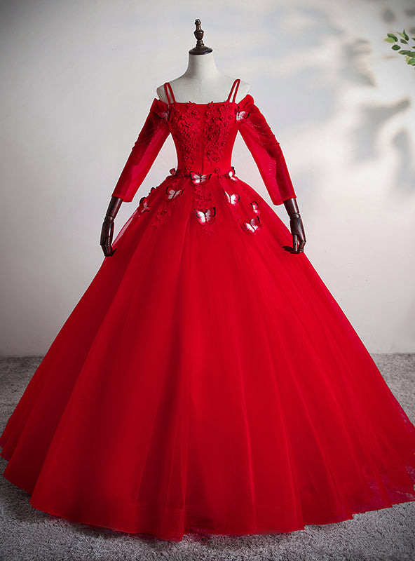 Red Tulle Straps Appliques Short Sleeve Quinceanera Dress