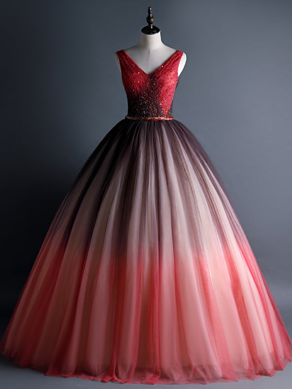 Red Tulle V-neck Pleats Beading Quinceanera Dress