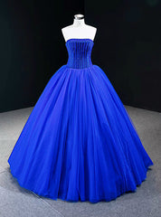 Royal Blue Ball Gown Tulle Strapless Floor Length Beading Prom Dress