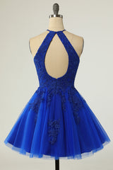 Royal Blue Homecoming Dresses Halter Sleeveless Applique A-Line Mini Prom Dresses