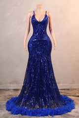 Royal Blue Prom Dresses Sequin Mermaid Long Evening Dresses Floor Length Sleeveless Spaghetti Strap with Feather