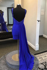 Royal Blue Spaghetti Straps Beaded Bodycon Homecoming Dress with Open Back