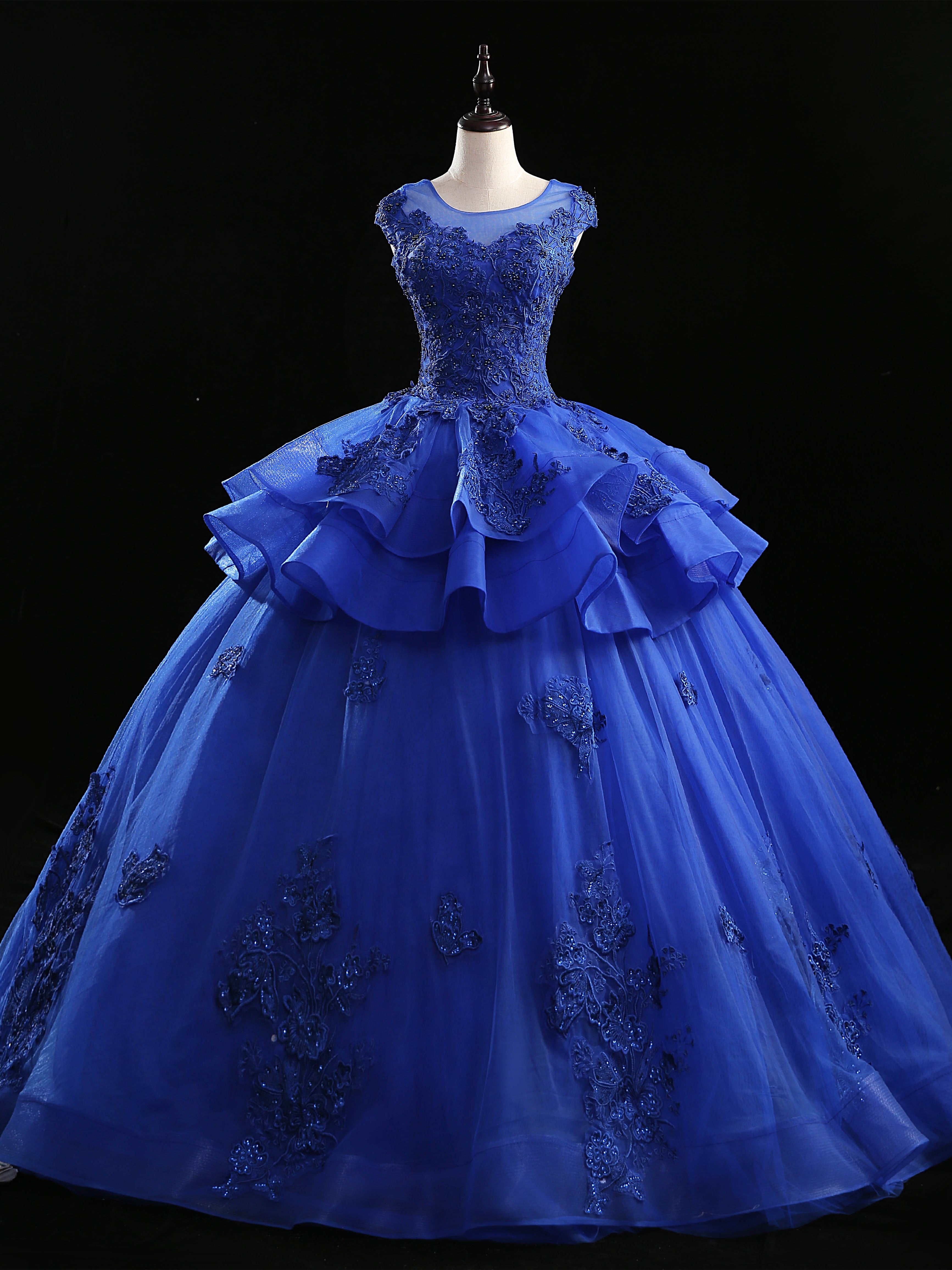 Royal Blue Tulle Appliques Beading Quinceanera Dress