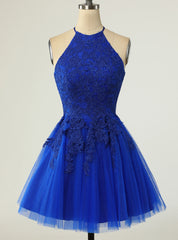 Royal Blue Tulle Halter Backless Appliques Homecoming Dress