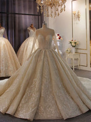 Royal Retro Princess Sequins Appliques Long Sleeve Wedding Dress