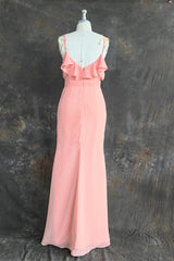 Ruffle V-neck Flutter Sleeves Mermaid Chiffon Coral Pink Bridesmaid Dress