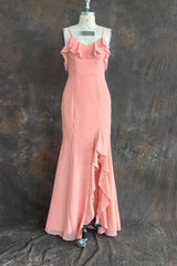 Ruffle V-neck Flutter Sleeves Mermaid Chiffon Coral Pink Bridesmaid Dress