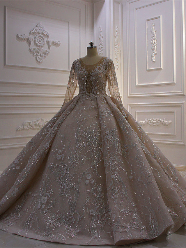 Sequins Long Sleeve Appliques Beading Wedding Dress