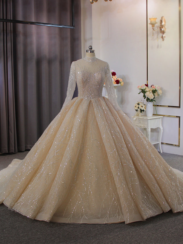 Sequins Tulle High Neck Long Sleeve Beading Wedding Dress