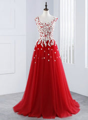 Sexy A-Line Red Tulle Appliques Long Prom Dresses