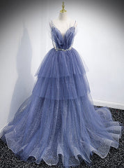 Sexy Blue Tulle Sequins Spaghetti Straps Beading Prom Dress