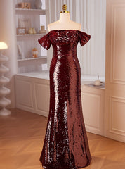 Sexy Burgundy Mermaid Sequins Off the Shoulder Prom Dress