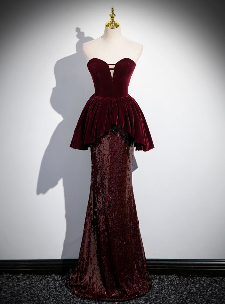 Sexy Burgundy Velvet Sequins Strapless Prom Dress