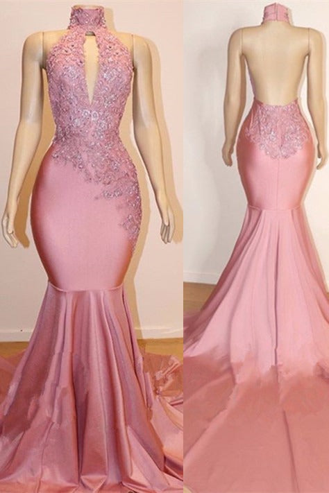 Sexy High Collar Mermaid Prom Dress Sequins Pink Long Backless