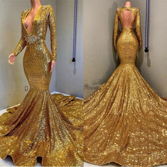 Sexy Long Sleeves Gold Mermaid Prom Dress Sequins V-neck Backless Long