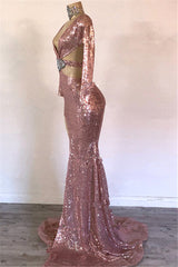 Sexy Long Sleeves Pink Mermaid Prom Dress Sequins V-neck Long With Split