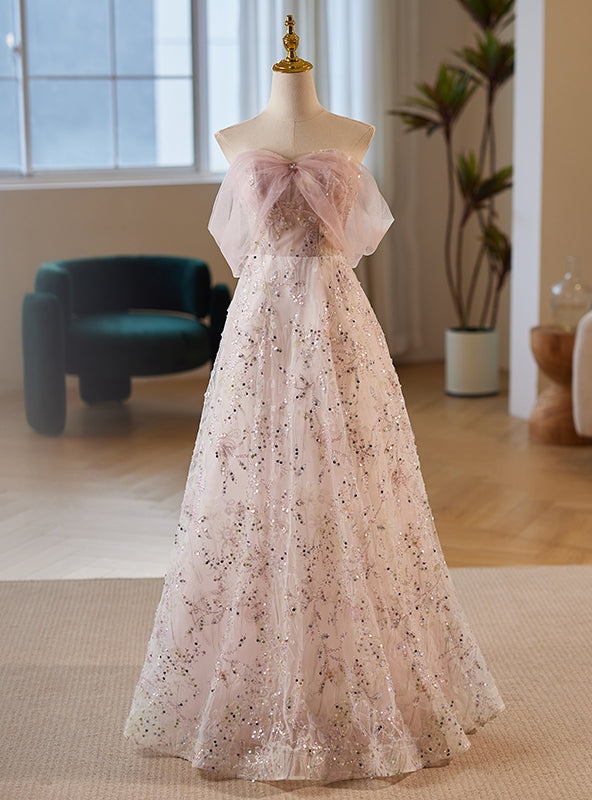 Sexy Pink Tulle Sequins Off the Shoulder Prom Dress