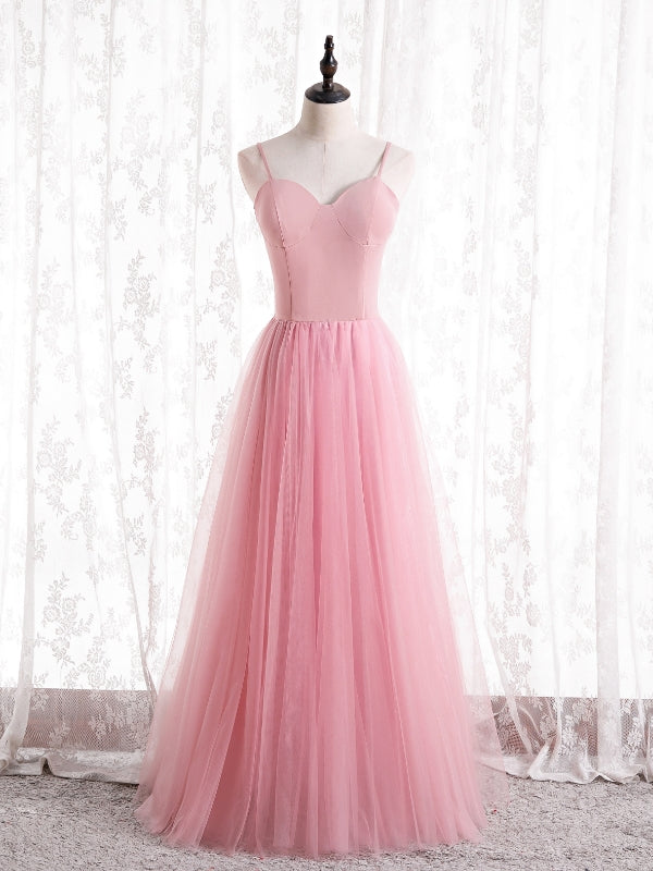 Sexy Pink Tulle Spaghetti Straps Prom Dress