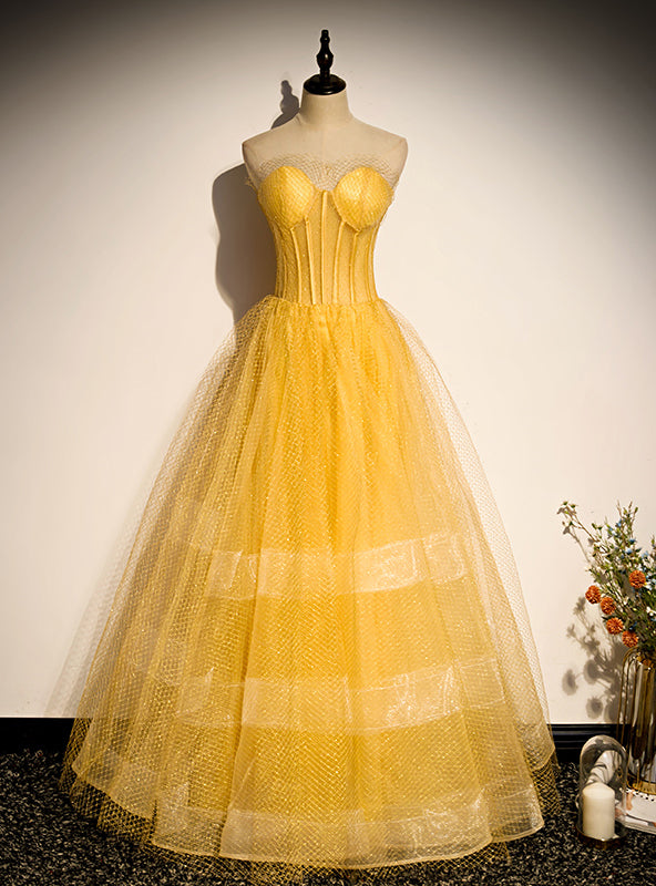 Sexy Yellow Tulle Strapless Prom Dress