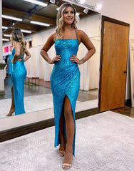 Sheath Spaghetti Straps Sequin Prom Dress With Front Split