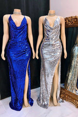 Shinning Sequins V-neck Sleeveless Front Slit Mermaid Prom Dresses