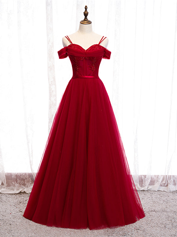 Shop Beautiful Off The Shoulder Tulle Burgundy Beading Prom Dress Under 130