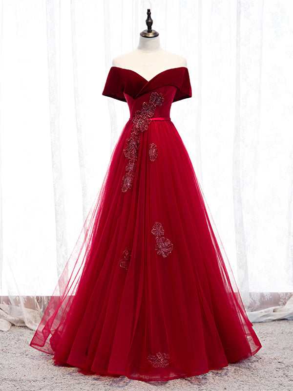 Shop Off The Shoulder Burgundy Tulle Velvet Appliques Long Prom Dress Under 129