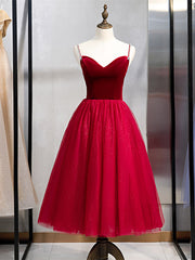 Shop Tea Length Burgundy Velvet Tulle Sweetheart Prom Dress Under 95