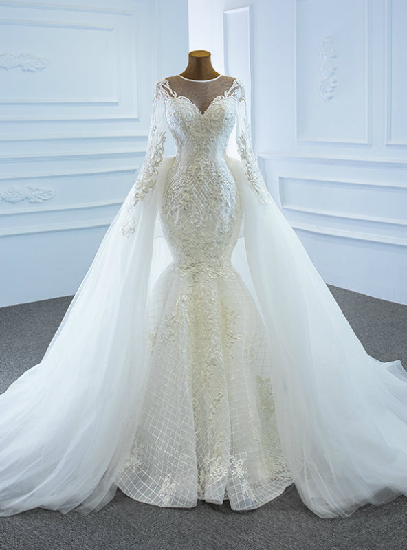 Shop This Selection Of White Mermaid Tulle Embroidery Appliques Long Sleeve Wedding Dress With Removable Train