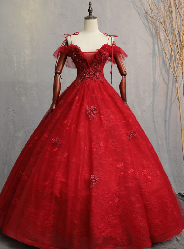 Shops Around The World Burgundy Ball Gown Tulle Lace Spagehtti Straps Appliques Quinceanera Dress