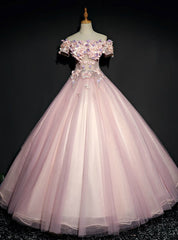 Shops Around The World Pink Ball Gown Tulle Appliques Off the Shoulder Short Sleeve Quinceanera Dress