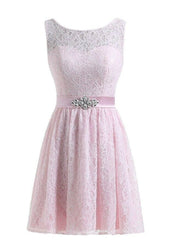 Short Lace Knee Length Sleeveless Bridesmaid Dress With Crystal