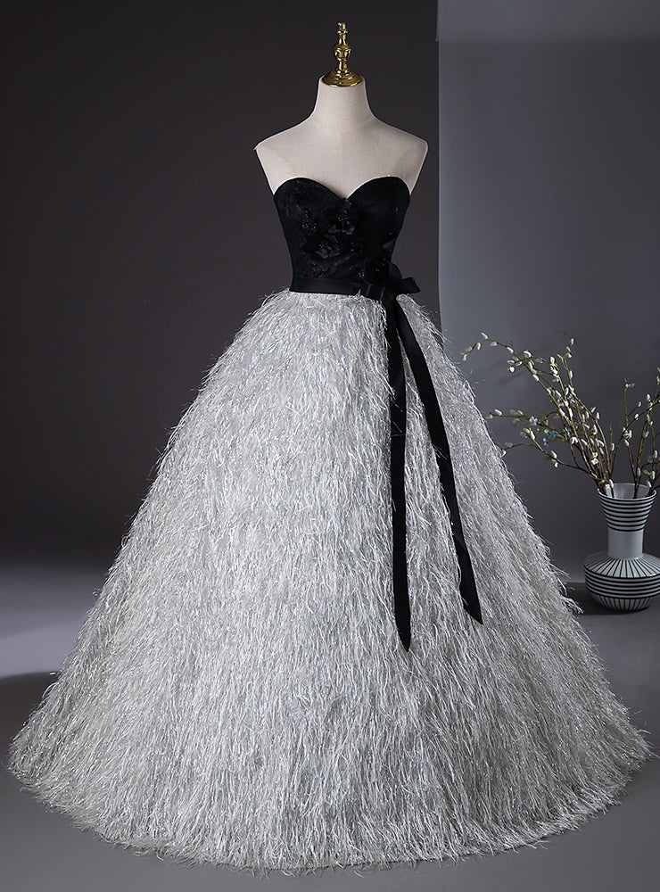 Silver Black Lace Sweetheart FLower Quinceanera Dress