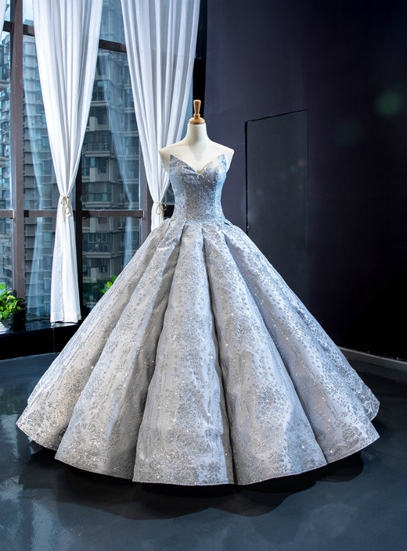 Silver Gray Ball Gown Sequins Sweetheart Luxury Prom Dress