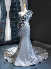 Silver Gray Mermaid Sequins Sleeveless Ruffles Appliques Prom Dress