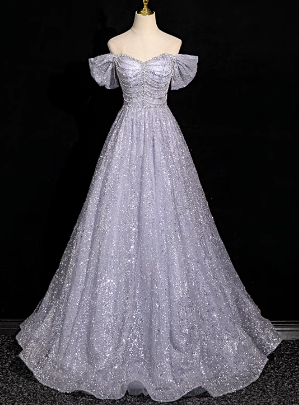 Silver Gray Sequins Off the Shoulder Beading Prom Dress