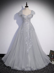 Silver Gray Tulle Appliques Beading Prom Dress