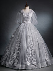 Silver Gray Tulle Puff Sleeve Appliques Beading Quinceanera Dress