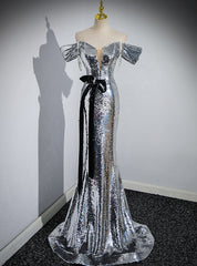 Silver Mermaid Sequins Off the Shoulder Bow Prom Dress