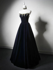 Simple A-Line Velvet Dark Blue Long Prom Dresses with Beads