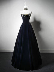 Simple A-Line Velvet Dark Blue Long Prom Dresses with Beads