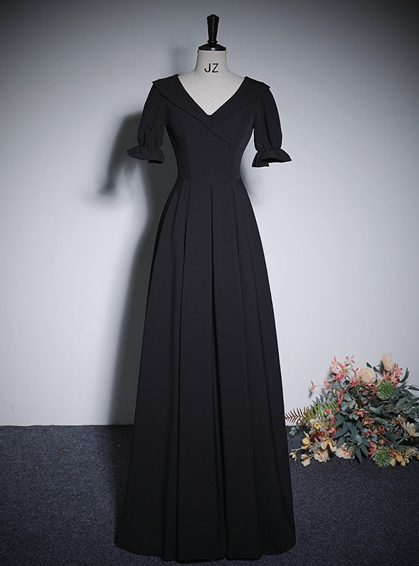 Simple Black V-neck Short Sleeve Prom Dress