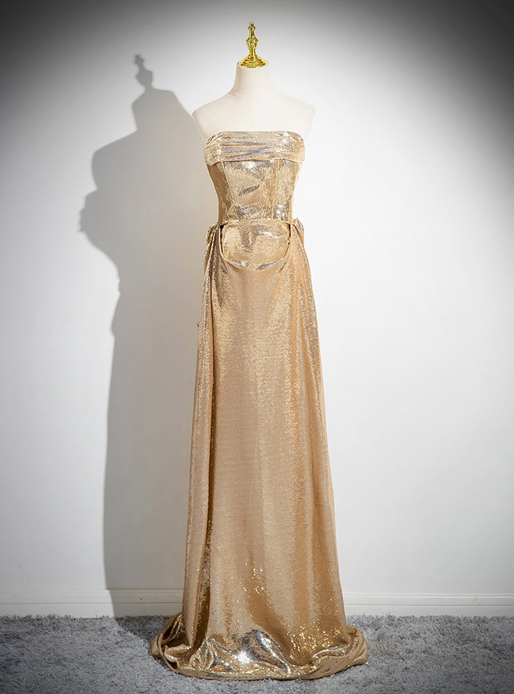 Simple Gold Sequins Strapless Pleats Prom Dress