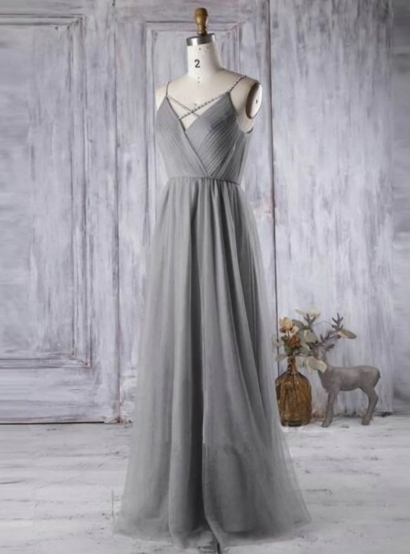 Simple Gray Tulle Bridesmaid Dress A Line V Neck Prom Dress